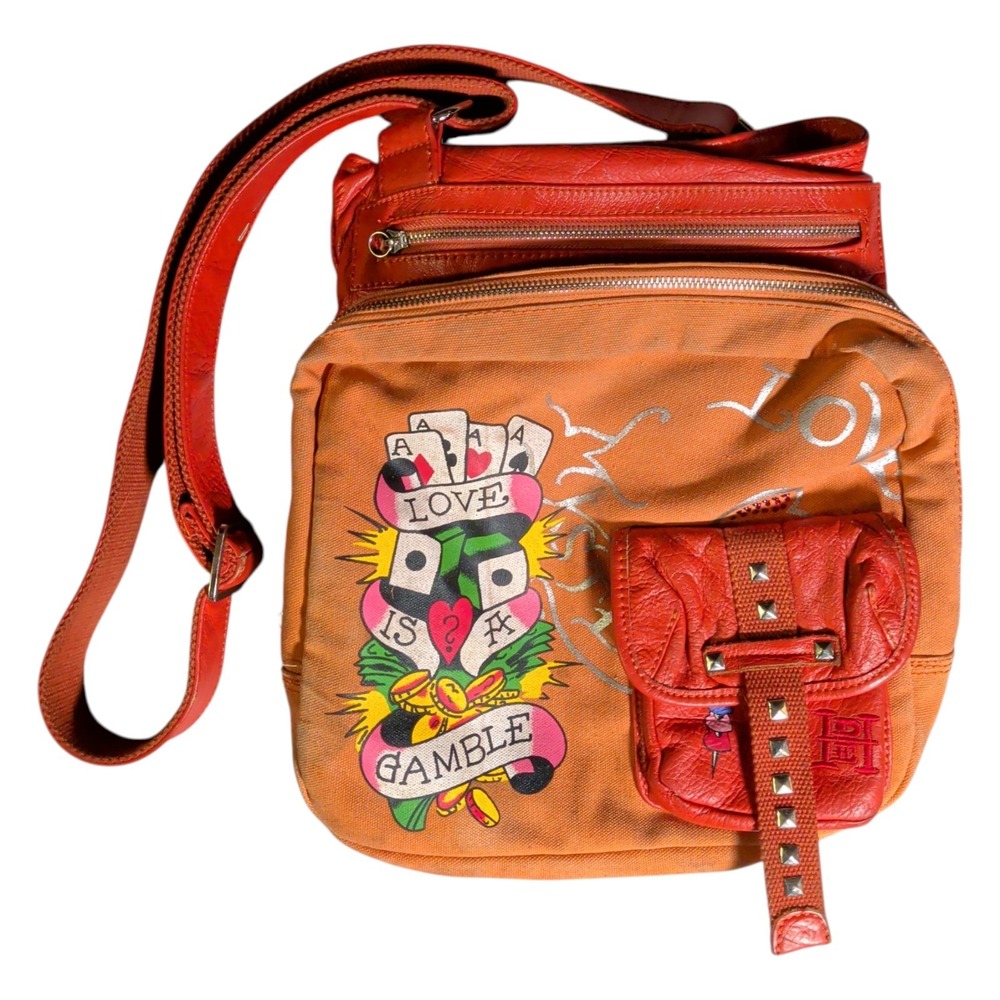 Vintage Christian Audigier Ed Hardy Leather Bag Crossbody Purse Studded Y2K Rare